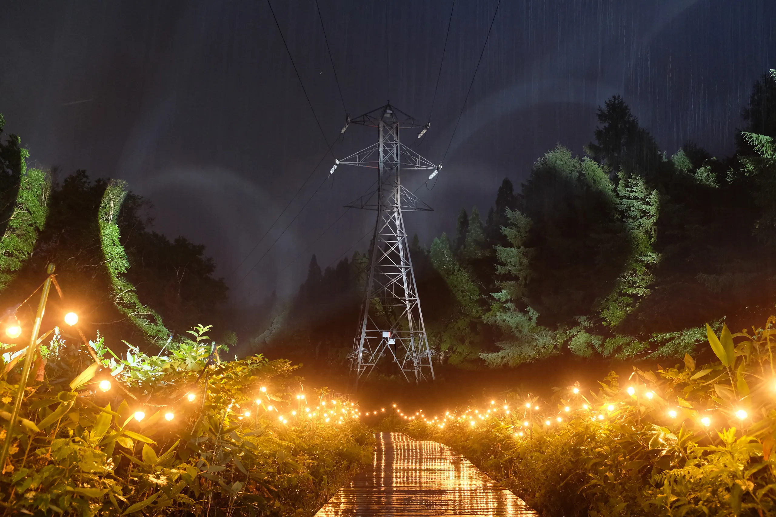 Illuminated boardwalk lined with warm fairy lights at Fuji Rock, with light beams and haze around the forest transmission tower in the rain